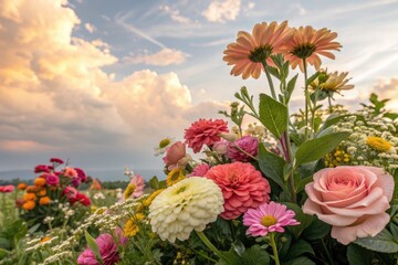 Obraz premium Flower Garden Blooms Under Colorful Sunset Sky in Serene Landscape