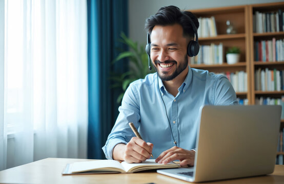 Man wears headset talks happily during laptop video call. He writes notes in book at home office desk. Remote work, online meeting, smart working, connection, communication.