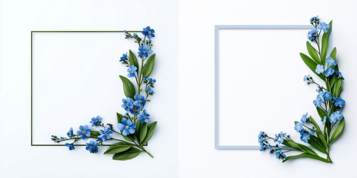 Spring Forget-me-not Flowers with Two Decorative Square Frames on White Background