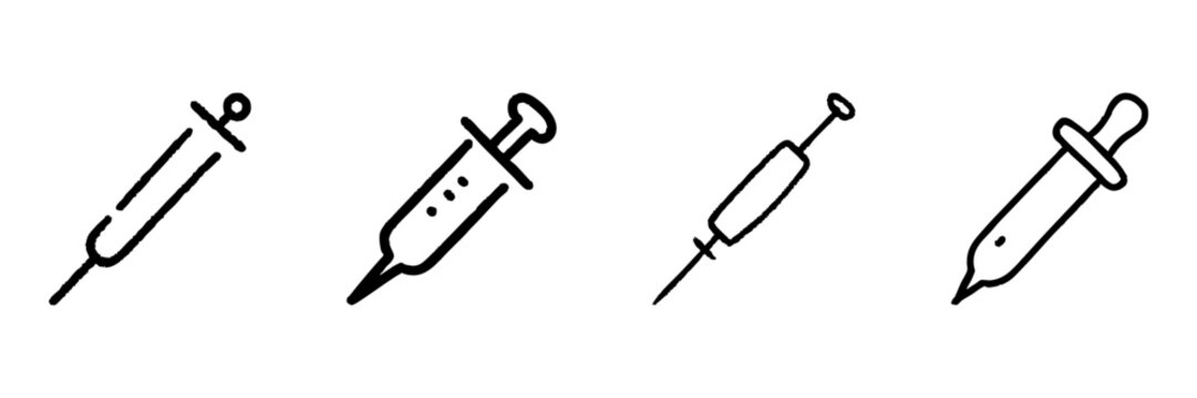 Syringe And Dropper Line Icon Set In Doodle Style. Medical Injection, Vaccination, And Liquid Dispensing Tools Outline Sketch Collection. Hand Drawn Isolated Vector Illustration