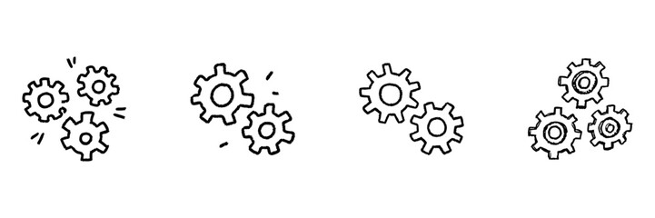 Three Gear Icons Line Set In Doodle Style. Mechanical Engineering, Process Optimization, And System Integration Outline Sketch Collection. Hand Drawn Isolated Vector Illustration