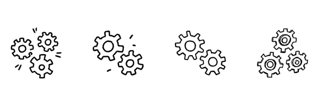 Three Gear Icons Line Set In Doodle Style. Mechanical Engineering, Process Optimization, And System Integration Outline Sketch Collection. Hand Drawn Isolated Vector Illustration