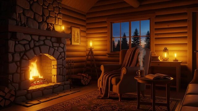 Rustic log cabin interior with stone fireplace armchair reading nook lanterns and large windows overlooking snowy pine forest at dusk creating cozy warm retreat atmosphere for relaxation

