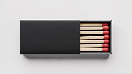 Minimalist black matchbox with red tipped wooden matches on white background