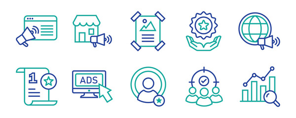 Marketing icon set. Collection of business strategy, advertising, Customer Targeting, Analytics, Influencer Marketing, PPC Campaign, and digital marketing symbols. Flat vector illustration.