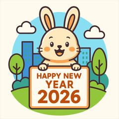 Happy New Year 2026 Bunny Holding Sign - Cute Flat Vector Logo for Celebration Design