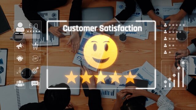 A diverse team engages in a business meeting, focusing on customer satisfaction metrics, utilizing data analytics to enhance strategies and performance outcomes. Raster - Powered by Adobe
