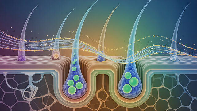 Abstract visualization of hair regrowth stimulation using bioengineered follicles and stem cell concept art representing advanced biotechnology innovation and futuristic medical regeneration theme