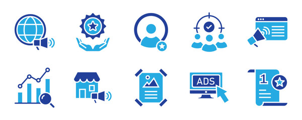 Marketing icon set. Collection of business strategy, advertising, Customer Targeting, Analytics, Influencer Marketing, PPC Campaign, and digital marketing symbols. Flat vector illustration.