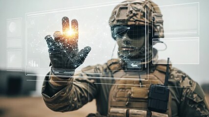 Soldier interacting with futuristic holographic interface in combat gear
