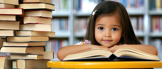 African American girl enjoys reading a book at a classroom table surrounded by stacks of books, showcasing curiosity and love for learning during school hours