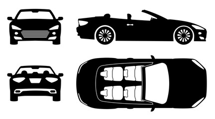 Convertible car shown from four different angles side, front, rear, and top view. Simple, clean silhouette for easy use in design projects.