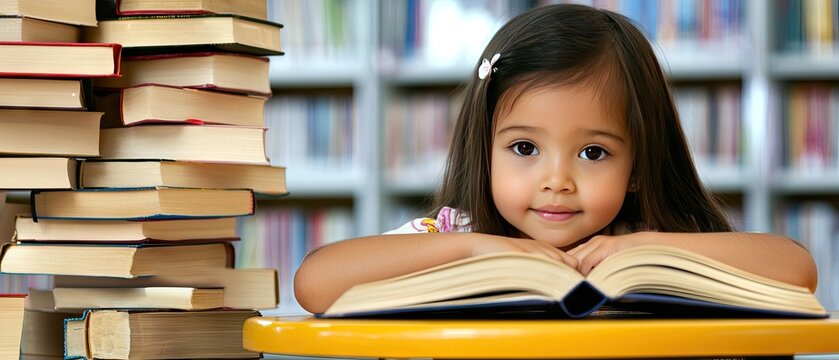 African American girl enjoys reading a book at a classroom table surrounded by stacks of books, showcasing curiosity and love for learning during school hours