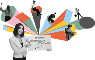 Colorful collage. Smiling woman holding diagram surrounded by hybrid team members on abstract shapes. Concept of project management, leadership training, workflow mapping. Transparent background