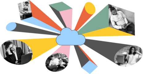 Creative artwork. Cloud at center with remote workers showing mixed emotions. Concept of cloud-based teamwork, remote communication, emotional contrast in work. Transparent background