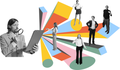 Collage of serious man with magnifier observing expressive people positioned. Concept of HR assessment, soft skills training, hybrid communication, team evaluation. Transparent background