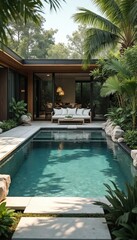 Fototapeta premium Modern pool with rock waterfall surrounded by tropical plants. Outdoor seating area with sofa, coffee table next to calm blue water. Natural stone furniture, white linens for relaxation. Peaceful
