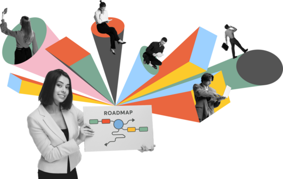 Colorful collage. Smiling woman holding diagram surrounded by hybrid team members on abstract shapes. Concept of project management, leadership training, workflow mapping. Transparent background