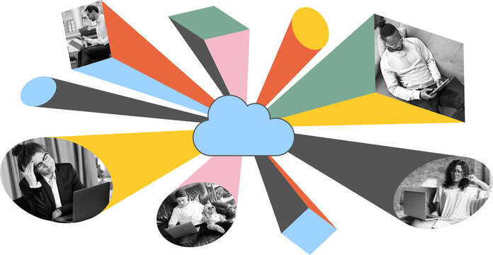 Creative artwork. Cloud at center with remote workers showing mixed emotions. Concept of cloud-based teamwork, remote communication, emotional contrast in work. Transparent background