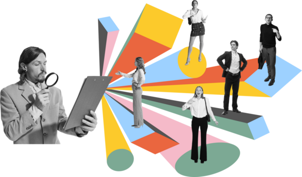 Collage of serious man with magnifier observing expressive people positioned. Concept of HR assessment, soft skills training, hybrid communication, team evaluation. Transparent background - Powered by Adobe