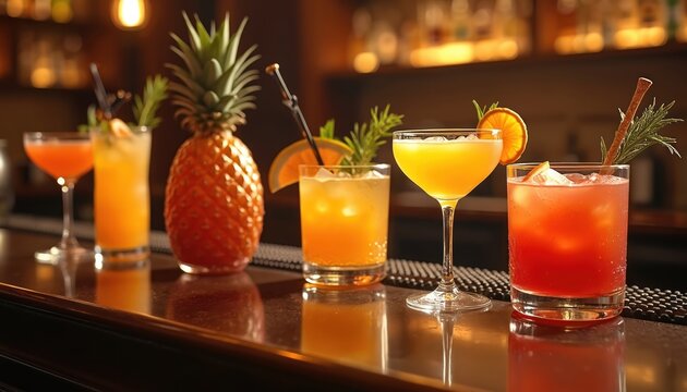 Illustration showcases diverse cocktails at a bar. Various drinks in glasses decorated with fruit. Pineapple near drinks. Stylish setting perfect for event posters or restaurant menus.