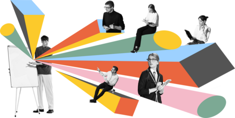 Collage of man presenting on flipchart to hybrid team connected through colorful beams. Concept of remote team training, digital instruction, corporate soft-skills education. Transparent background