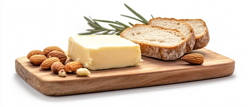 Delicious butter on white bread with almonds