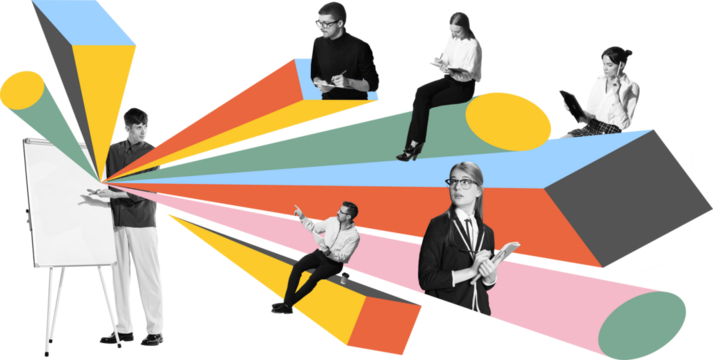 Collage of man presenting on flipchart to hybrid team connected through colorful beams. Concept of remote team training, digital instruction, corporate soft-skills education. Transparent background - Powered by Adobe