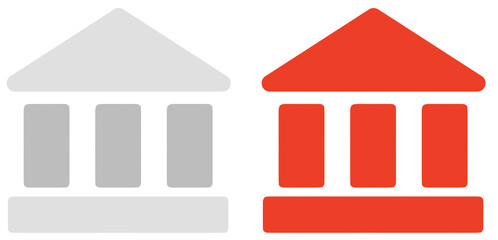 Grey and Red Institution Icons: Minimalist Bank, Government, and Justice Building Symbols in Flat Design Style