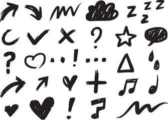 Hand-Drawn Symbol Doodle Set &ndash; Arrows, Marks, Icons, and Shapes in Black Ink for Creative Visual Communication