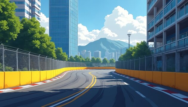 Curving race track with yellow barriers and tall buildings under blue sky. Cityscape with mountains in background. Green trees line the racetrack edge. Sports venue scenery for motorsport events.