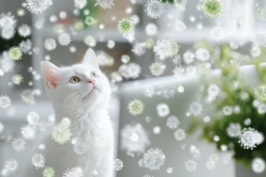 Charming kitten sits at laptop with human-like wonder. Microbes in food. The presence of harmful microbes impacts health in diverse environments daily. Delighted kitten. Virus infection risks.
