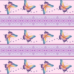 Illustration with butterflies and horizontal pattern.Vector seamless pattern with beautiful butterflies and colorful embroidery on a striped background.