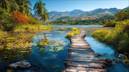 Scenic wooden boardwalk leading across a tranquil tropical lake amidst lush green nature and distant mountains under a blue sky.