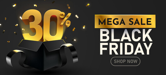 Black Friday Mega Sale banner with 30 percents discount in a gift box, featuring golden confetti on a dark background. Vector illustration