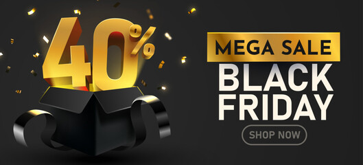 Black Friday Mega Sale banner with 40 percents discount in a gift box, featuring golden confetti on a dark background. Vector illustration