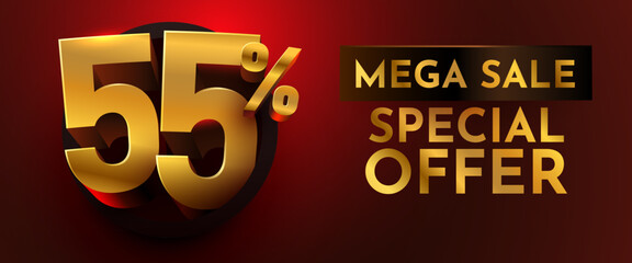 Golden 55 discount special offer with Mega Sale text on a luxurious dark red background. Ideal for promotions and advertising banners. Vector illustration