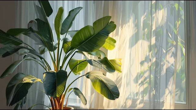Indoor Oasis: A Bird of Paradise Plant Bathed in Sunlight.