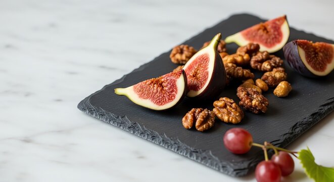Sliced figs and walnuts arranged on a slate platter with grapes