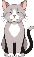 a content gray and white cat with subtle striping, sitting calmly with its eyes closed and a gentle smile.