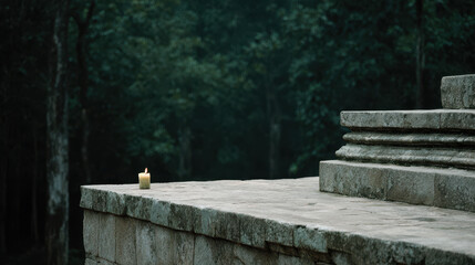 solitary candle flickers gently against backdrop of ancient stone temple steps illuminating surroundings