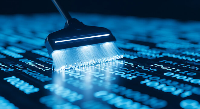 Broom sweeping over digital binary code, representing data cleaning and cybersecurity.