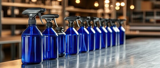 Production floor features a neat line of blue cleaning bottles ready for industrial use in an organized factory setting