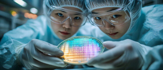 Scientists in a laboratory examine a microchip, demonstrating technological progress — a suitable backdrop for presentations on scientific achievements or innovations.
