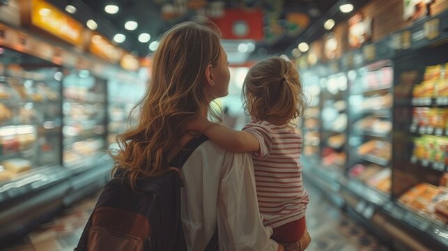 A mother and child in a supermarket choose groceries, creating an atmosphere of family comfort — the ideal backdrop for advertising baby food or family stores.