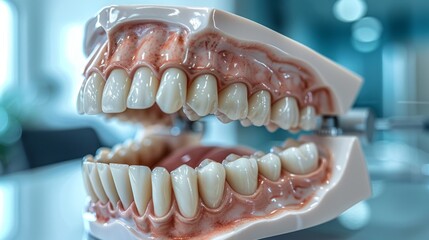 The model of a jaw with teeth demonstrates dental problems and the importance of hygiene, serving as a visual aid for medical presentations or atmospheric background in clinics.