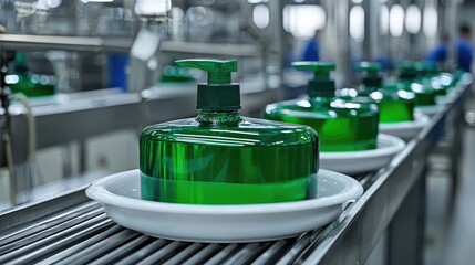 Bottles of hand washing liquid move along a production line in a factory setting highlighting efficient manufacturing processes and quality control