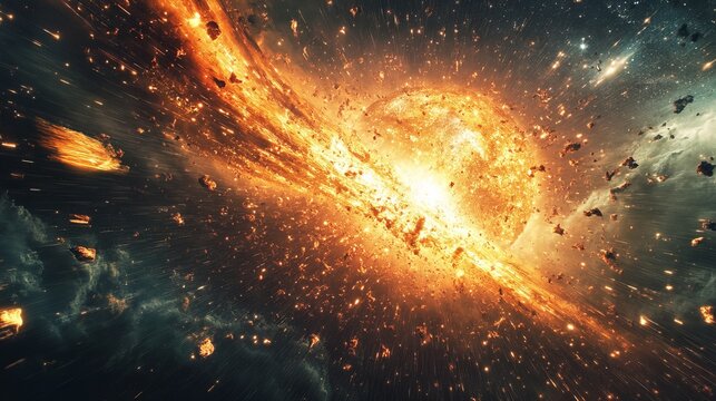Exploding star emits bright orange light and cosmic debris in deep space against a dark background. - Powered by Adobe