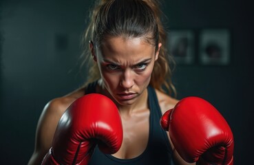 Young woman wearing red boxing gloves, black sports top. Female boxer stands aggressively in fighting stance in dark gym. Angry face shows determination, strength. Athletic woman ready for fight.
