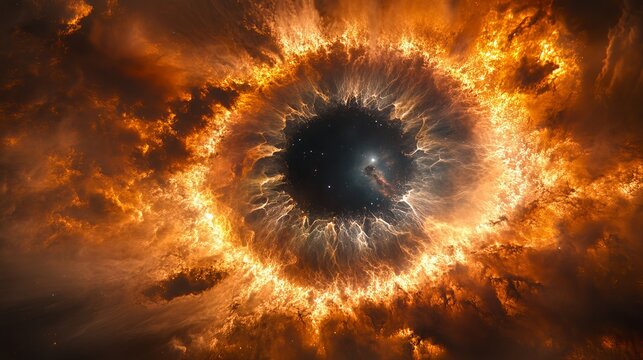 Fiery nebula surrounds a dark central core with stars and glowing cosmic clouds in a swirling galaxy.
